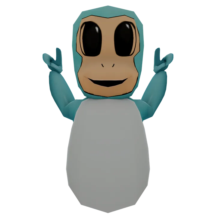 Character in a teal hoodie doing peace signs